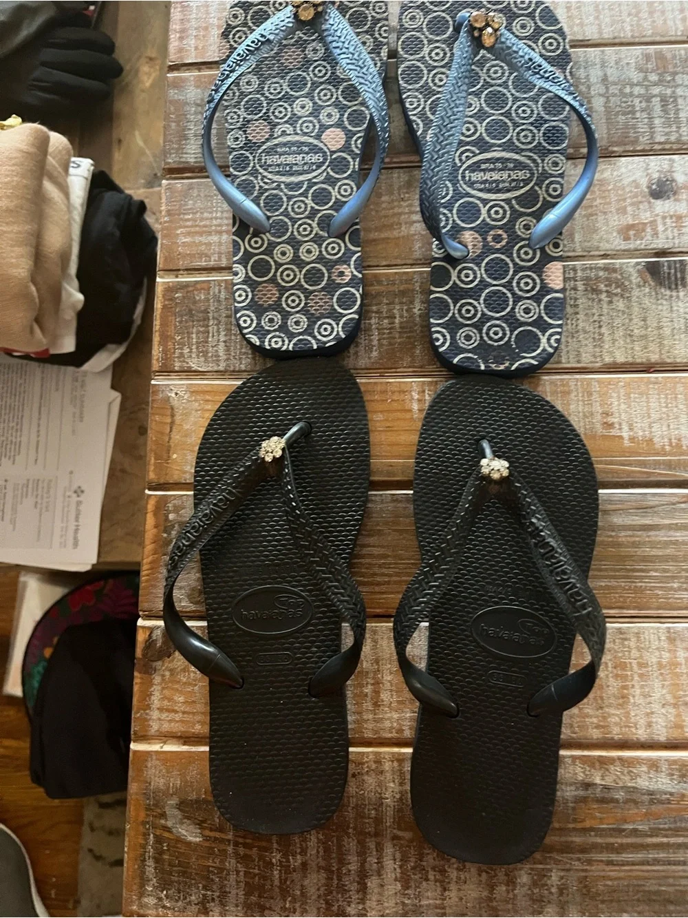 Havaianas Bundle-Black Pair with Gold Accent and Blue Patterned Pair